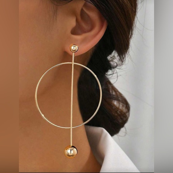 Gold Tone Oversized Drop Hoop Earrings | Modern Statement Jewelry - Picture 1 of 3